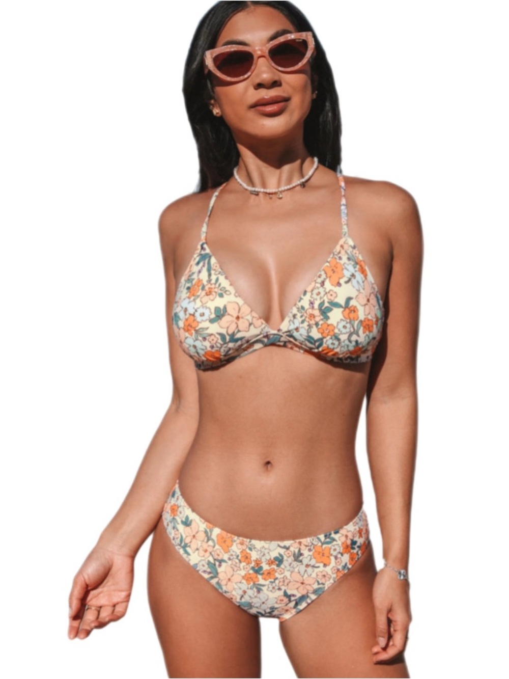 NWT Boho Floral Cupshe 2-Piece V-Neck Bikini Swim Top & Bottoms Set Size Small